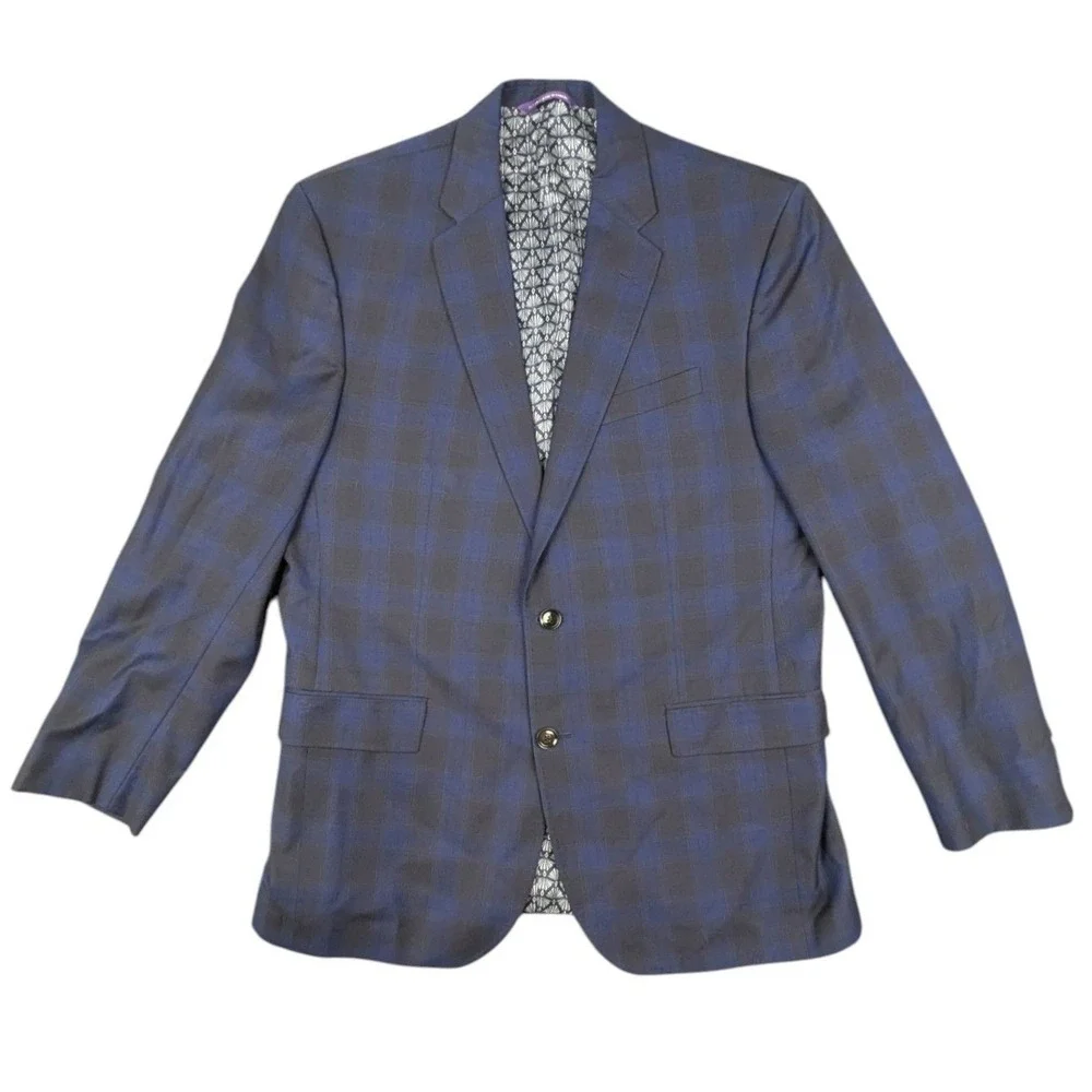 READ Ted Baker Endurance Jay SPJ Blazer Blue Black Plaid 42R Wool Sport Coat